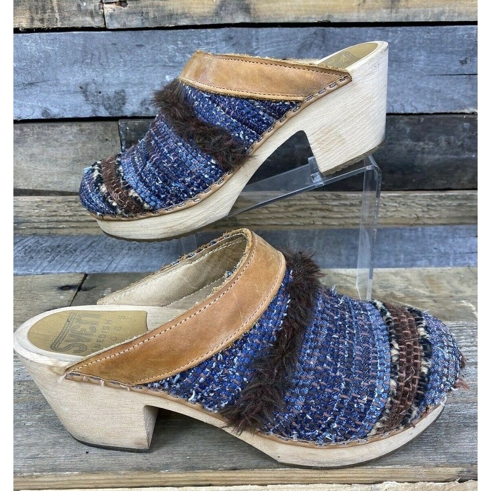Sven Swedish Clogs 39 Wood Blue Fabric Beautiful Boho Mule Lagenlook Wool